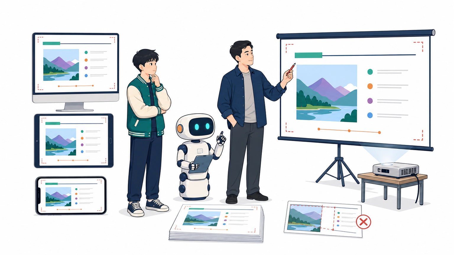 网页 Preview 在不同屏幕比例上保持标题安全区、完整图片与页码空间，主编用投影距离检查主体是否清楚
