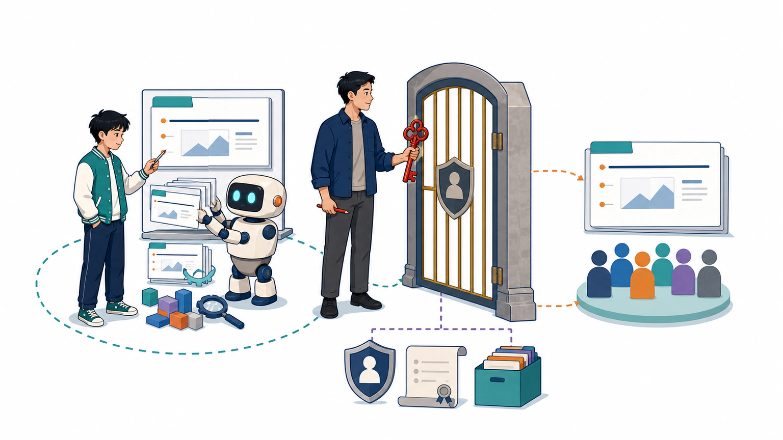 AI 助手可以在门内生成、构建和测试，但发布门只能由人类主编开启；门外是公开 Preview 与 production 的清楚边界