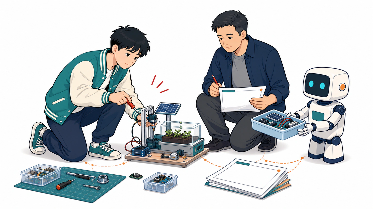 学生看到一张可运行的小作品原型后主动拿起工具继续改进，AI 助手提供下一步材料而不代替选择