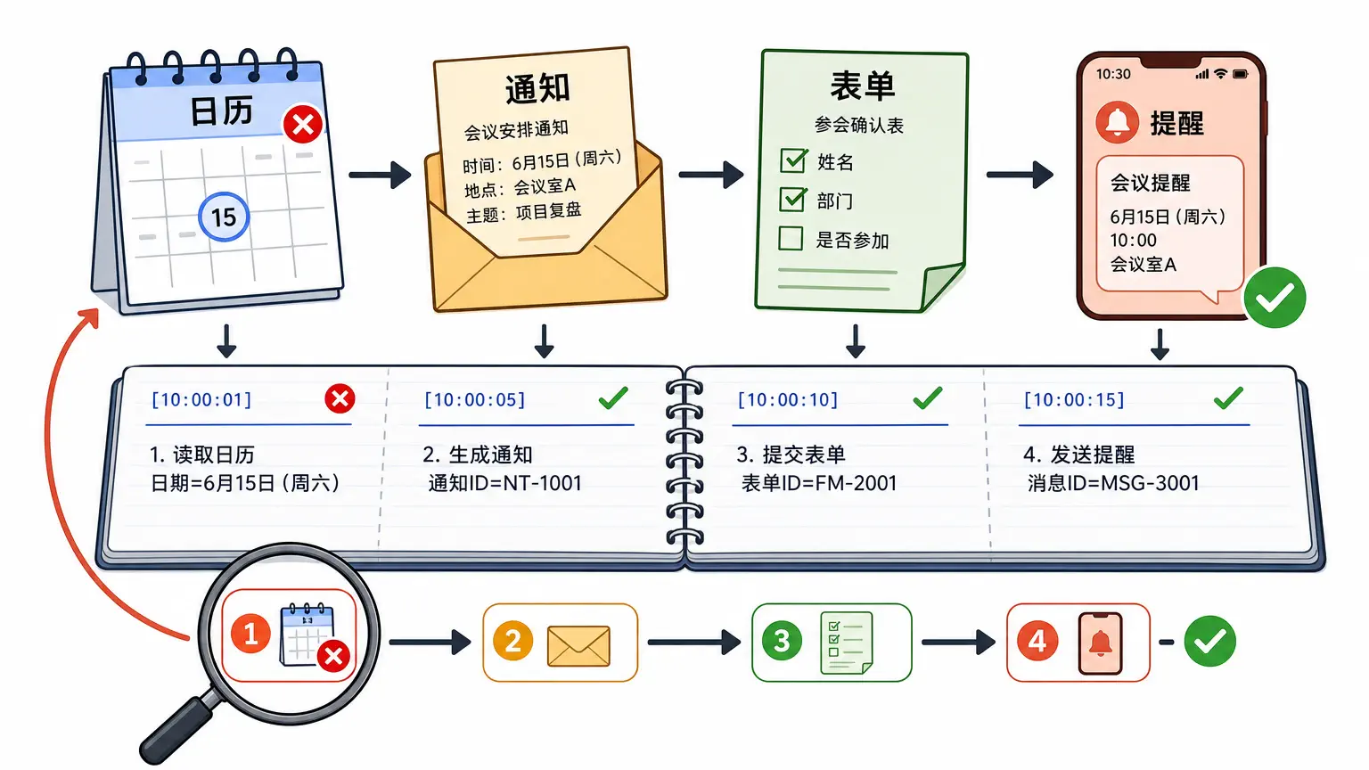 日志本记录每一步；出了错才能倒回去定位