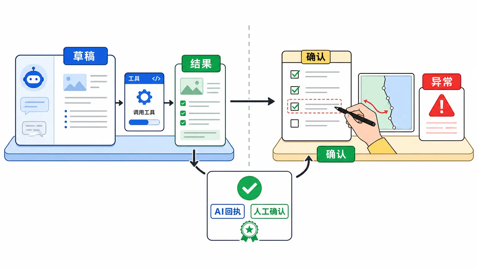 AI 负责草稿、工具和结果；人负责确认和异常处理