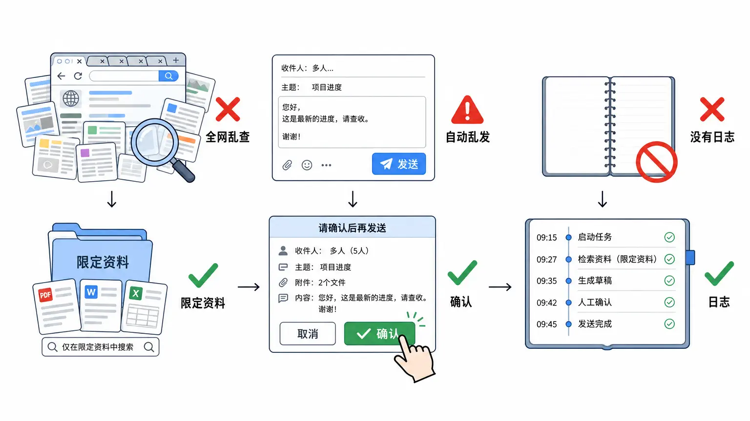 别犯三个错：乱查、乱发、没日志；对应要限定资料、确认、记录